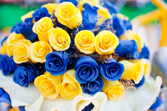 Bouquet of blue and yellow roses